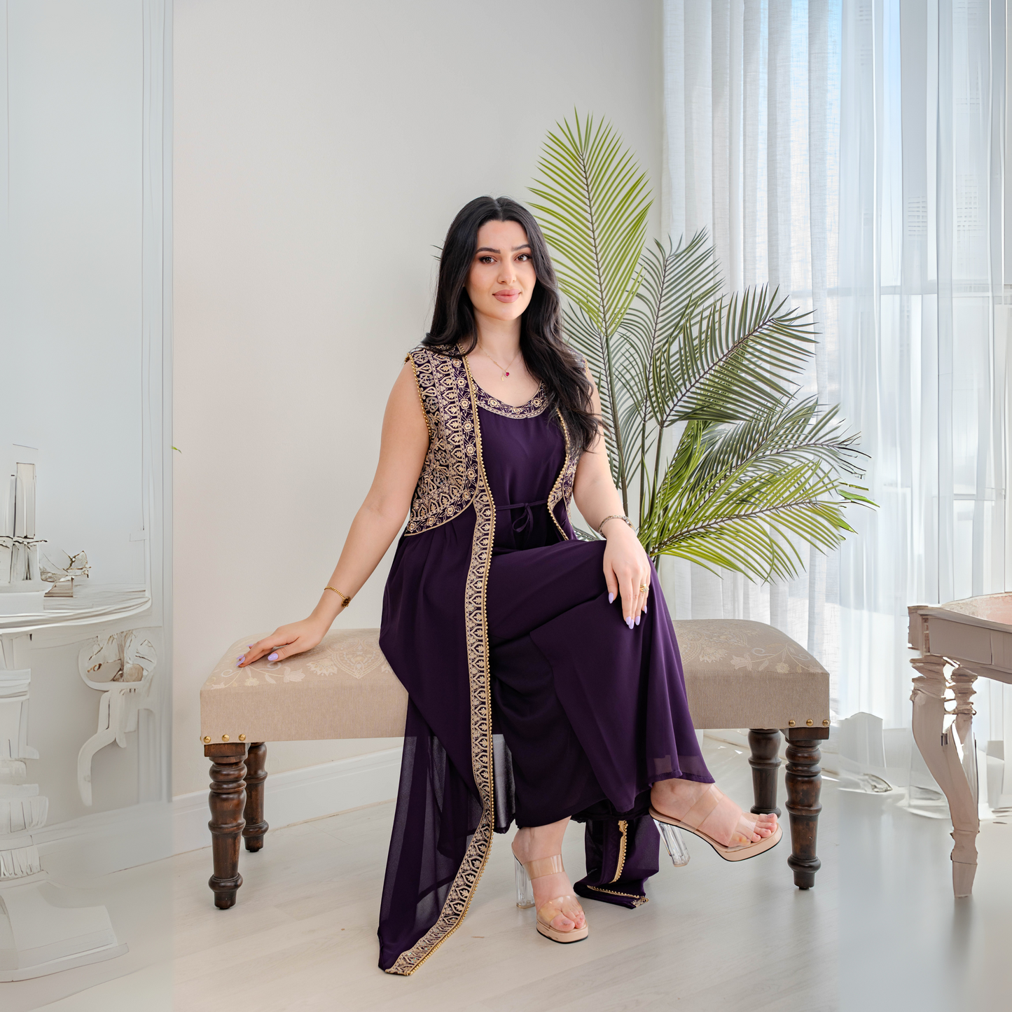 Elegant jalabiya - intricately embroidered in deep purple - 4391