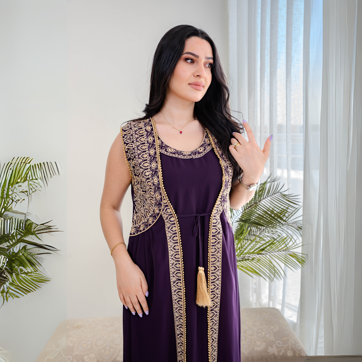 Elegant jalabiya - intricately embroidered in deep purple - 4391