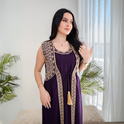 Elegant jalabiya - intricately embroidered in deep purple - 4391