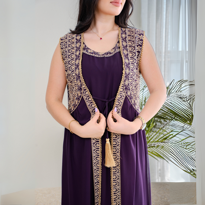 Elegant jalabiya - intricately embroidered in deep purple - 4391