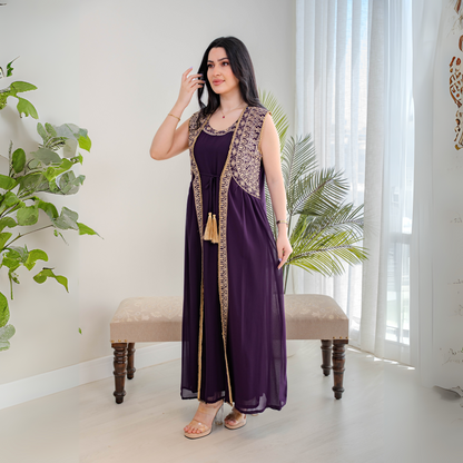 Elegant jalabiya - intricately embroidered in deep purple - 4391