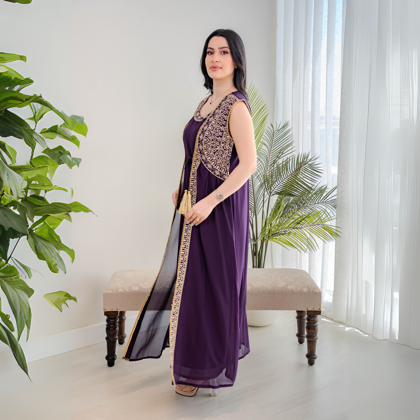 Elegant jalabiya - intricately embroidered in deep purple - 4391