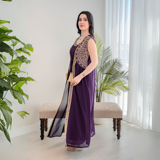Elegant jalabiya - intricately embroidered in deep purple - 4391