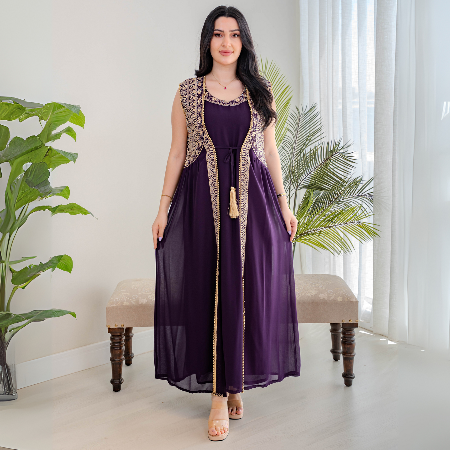 Elegant jalabiya - intricately embroidered in deep purple - 4391