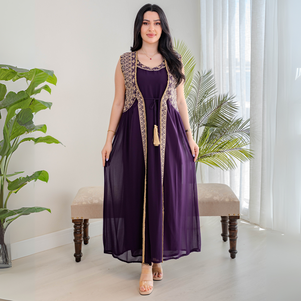 Elegant jalabiya - intricately embroidered in deep purple - 4391